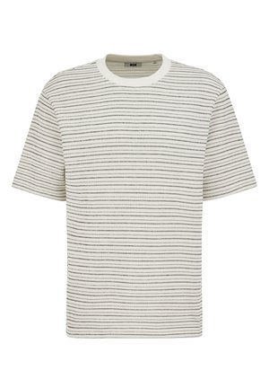 Dziergana koszulka z dzianiny z okrągłym dekoltem w kolorze ecru z cienkimi czarnymi paskami. Krótkie rękawy, prosty krój i prążkowany dekolt. Miękka tekstura, casualowy styl.