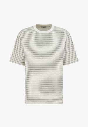 Neulottu pyöreäkauluksinen t-paita luonnonvalkoisena, ohut musta raita. Lyhyet hihat, suora leikkaus ja resorireunus kauluksessa. Pehmeä tekstuuri, rento muotoilu.