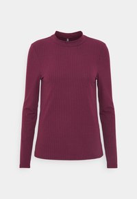 Burgunderfarbenes Langarmshirt mit hohem Kragen und geribbelter Textur. Verfügt über eine taillierte Passform und einen glatten Saum, ideal zum Layering.