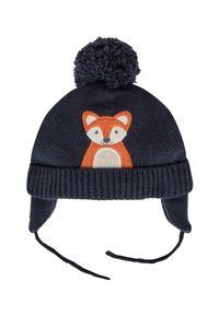 Knitted navy hat with a pom-pom, featuring an orange fox embroidery on the front and ear flaps with ties for secure fitting.