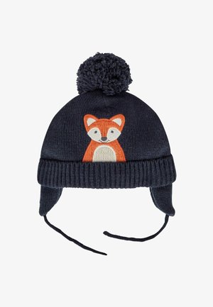Knitted navy hat with a pom-pom, featuring an orange fox embroidery on the front and ear flaps with ties for secure fitting.