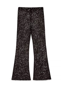Zwarte flared broeken bedekt met zilveren pailletten, met een textuurdoek en een glinsterende uitstraling, perfect voor avondkleding.