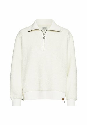 Witte fleece pullover met een halve ritssluiting bij de kraag. Zachte textuur, geribbelde manchetten en zoom, met een klein logotag aan de zijkant.