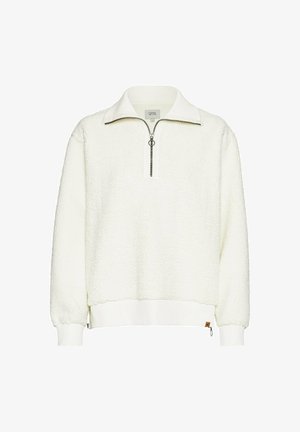 Weißer Fleece-Pullover mit einem halben Reißverschluss am Kragen. Weicher Strukturstoff, gerippte Bündchen und Saum, mit einem kleinen Logofähnchen an der Seite.