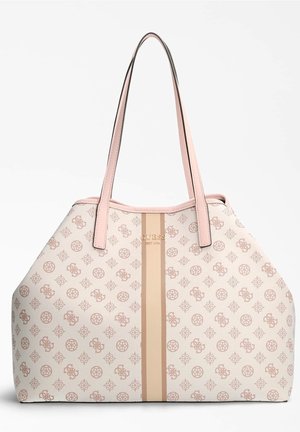 Sac fourre-tout beige et rose à motifs, avec des poignées doubles et des bandes verticales centrales, arborant un motif de logo répétitif et un nom de marque au centre.