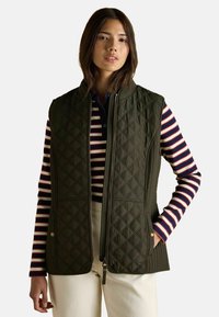 Prešívaná olivovo zelená vesta so zipsom vpredu, s bočnými vreckami a vysokým golierom, vrstvená cez pruhované červené a námornícke modré tričko s dlhým rukávom.