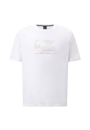 White cotton t-shirt featuring a graphic print of stylized gray mountains with "FIRE + ICE" in red. Short sleeves and round neckline.