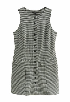 Černobílé šaty bez rukávů v houndstooth vzoru s kulatým výstřihem, které mají přední zapínání na knoflíky a dvě boční kapsy.