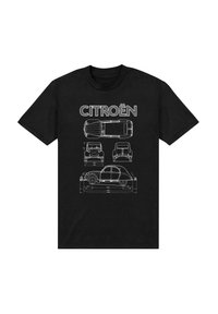 Černé tričko s bílými minimalistickými liniovými nákresy vozu Citroën z různých úhlů, označenými rozměry.