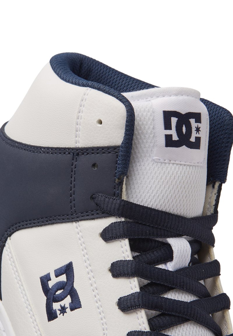 Białe i granatowe sneakersy typu high-top z materiałów skórzanych i siatkowych, z wyraźnym naszywkiem logo oraz czarnymi sznurówkami. Teksturowane akcenty przy kołnierzu.