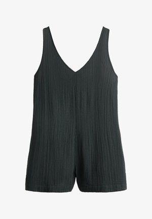 Zwarte, textuurvolle mouwloze jumpsuit met een V-hals, comfortabele pasvorm en korte benen. Eenvoudig ontwerp, geen zichtbare sluitingen of patronen.