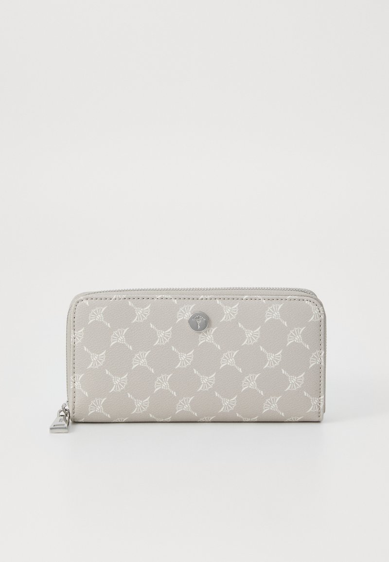 Light gray zip-around wallet with white geometric floral patterns and a small round metal emblem on front.