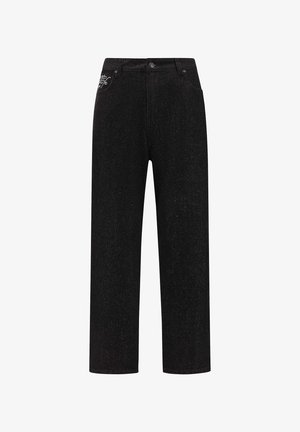 Black denim wide-leg pants with a high waist, featuring front pockets and a decorative stitch detail on the back.