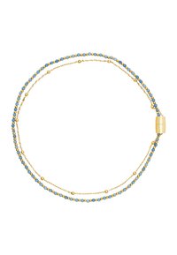 Guldfarvet halskæde med to strenge af blå perler og små gyldne detaljer, samt en sikker lås til fastgørelse.