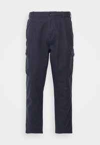Pantaloni cargo navy in cotone con design a gamba dritta, dotati di tasche laterali e chiusura a bottone in vita.