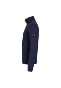 Marineblauer Pullover mit hohem Kragen, gerippten Bündchen und strukturiertem Finish. Verfügt über ein quadratisches Patch mit einem runden Logo auf dem linken Ärmel.