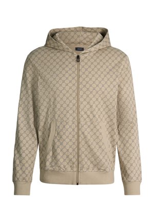 Beiger Kapuzenpullover mit Reißverschluss und durchgehendem ineinandergreifendem Kreis-Muster, Fronttaschen, gerippten Bündchen und Saum sowie angenähter Kapuze.