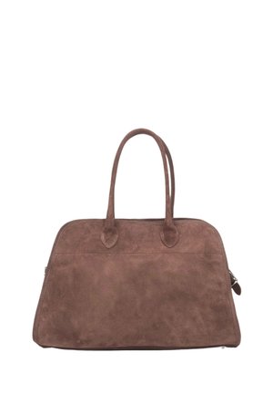 Brown suede handbag with a structured design, dual rounded handles, and a smooth zipper closure. Features a subtle texture and minimal accents.