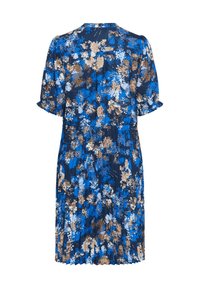Bloemjurk van lichtgewicht stof, met een blauw, bruin en wit patroon, korte mouwen, geplooide textuur en midi-lengte.