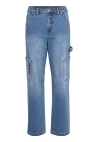 Blå denim cargobyxor med rak bendesign, som har sidofickor och en ficka med dragkedja. Tyget har en medelhög tvättfinish.