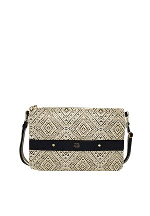 Sac bandoulière rectangulaire beige et noir avec motif, bandoulière noire, ferrures en or et logo "mila louise PARIS" sur une bande horizontale noire.