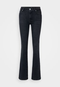 Jeans en denim noir évasés avec une taille haute, dotés de poches avant, d'une fermeture à bouton en métal et d'une texture lisse.