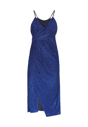 Královsky modré šaty s zacvakávacím designem, tenkými ramínky a strukturovanou tkaninou s bočním rozparkem pro zvýraznění detailu.