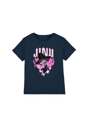 Navy cotton t-shirt featuring a graphic of a character with black hat and pink accents, text reads "JUNU," with stylized flames in the background.