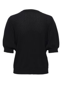 Sort sweater med korte puffærmer, der har et tekstureret, perforeret design på ryggen samt ribbede manchetter og kant.