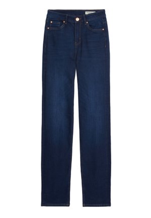 Jean droit bleu foncé avec bouton frontal, fermeture éclair et design à cinq poches, posé à plat sur un fond blanc.