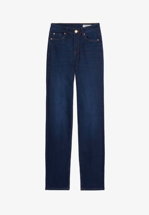 Jean droit bleu foncé avec bouton frontal, fermeture éclair et design à cinq poches, posé à plat sur un fond blanc.