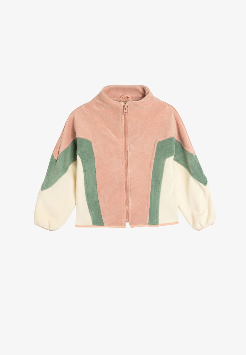 Krótka polarowa kurtka na zamek błyskawiczny z kolorowym wzorem w różu, zieleni i kremie, z puszystymi rękawami i wysokim kołnierzem. Miękka w dotyku.