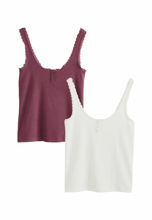 Zwei ärmellose gerippte Strick-Tanktops mit gezacktem Spitzenbesatz, eines in dunklem Mauve und das andere in Weiß, beide vorne mit drei Knöpfen.