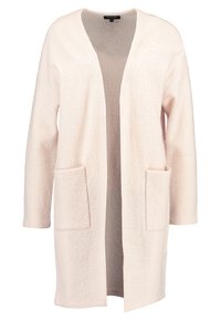 Hellrosa langer Cardigan aus strukturiertem Stoff, mit offenem Vorderteil, dreiviertellangen Ärmeln und zwei Fronttaschen.