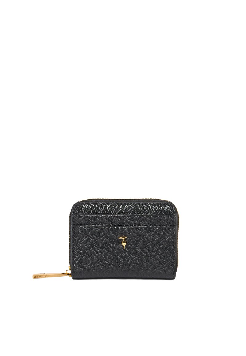 Černá strukturovaná kožená zipová peněženka se zlatým zipem a malým zlatým logem jeřába na přední kapse.