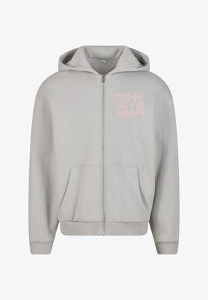 Jasnoszara bluza z kapturem, zapinana na zamek, z kieszeniami z przodu oraz różowym nadrukiem graficznym na lewej klatce piersiowej. Wykonana z miękkiego materiału bawełnianego, z ribbami przy mankietach.