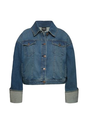 Giacca di jeans cropped in blu scuro, con due tasche sul petto, bottoni davanti e dettagli a contrasto nei polsini in blu più chiaro.