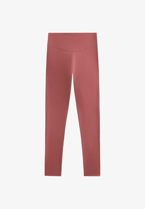 Leggingi u ružičastoj boji s glatkom teksturom i visokim strukom. Imaju oblikovani dizajn bez dodatnih uzoraka ili akcenta.