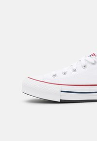 Zapatilla de lona blanca con puntera redonda, franja roja en la suela, acento azul y ojales de metal. Suela de goma texturizada.