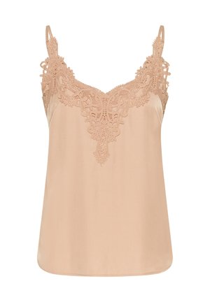 Camisolă din satin bej, cu detalii complicate din dantelă de-a lungul decolteului în formă de V și bretele subțiri pentru umeri.
