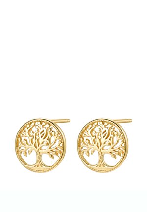 Pair of round gold stud earrings featuring an intricate tree design with branches and roots inside a circular frame.
