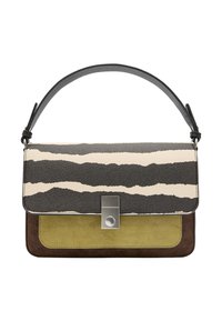 Skórzana torebka z przednią częścią w paski w kolorze czarno-kremowym, oliwkowozielonym zamszowym środkiem oraz brązową zamszową podstawą. Zapięcie w srebrnym odcieniu.