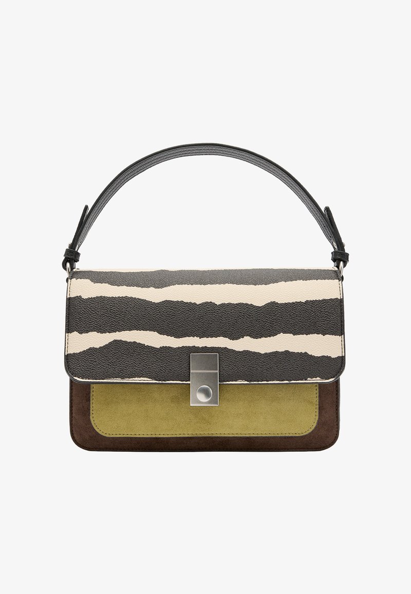 Skórzana torebka z przednią częścią w paski w kolorze czarno-kremowym, oliwkowozielonym zamszowym środkiem oraz brązową zamszową podstawą. Zapięcie w srebrnym odcieniu.