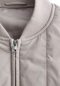 Blouson aviateur gris clair avec col côtelé, fermeture éclair à l'avant et tissu lisse avec des détails de coutures subtiles.
