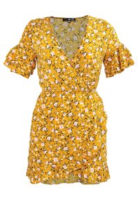 Gul omslagsklänning med blommönster i rosa och grönt, korta volangärmar och en volangkant. Lättviktsmaterial med mjuk textur.