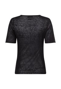 Schwarzes T-Shirt mit kurzen Ärmeln aus einem durchsichtigen, leichten Stoff; hat einen runden Ausschnitt und eine leicht lockere Passform.