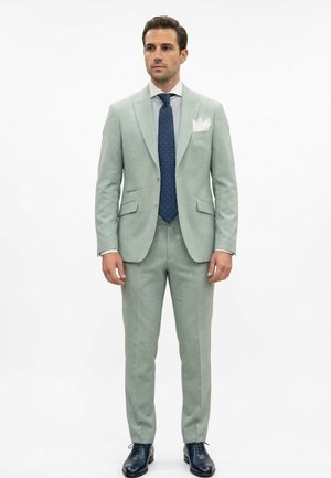 Hombre con traje gris claro, camisa blanca, corbata azul con patrón, pañuelo blanco en el bolsillo y zapatos de vestir negros, de pie frente a un fondo blanco.