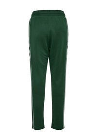 Grüne Satin-Trainingshosen mit weißen Seitenstreifen, schmal zulaufenden Beinen und einem elastischen Bund für Komfort. Glatte Textur, sportliches Design.