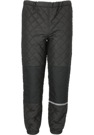 Pantalon isolant matelassé noir avec taille et poignets élastiques, renforts aux genoux et bande réfléchissante sur la jambe droite.
