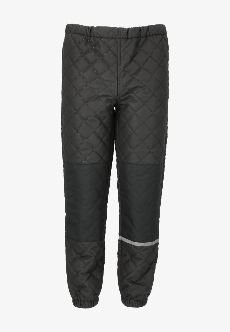 Pantalon isolant matelassé noir avec taille et poignets élastiques, renforts aux genoux et bande réfléchissante sur la jambe droite.